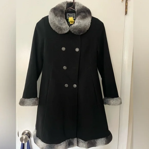 Rothschild Black Pea Coat with Gray Faux Fur Trim - Picture 1 of 3